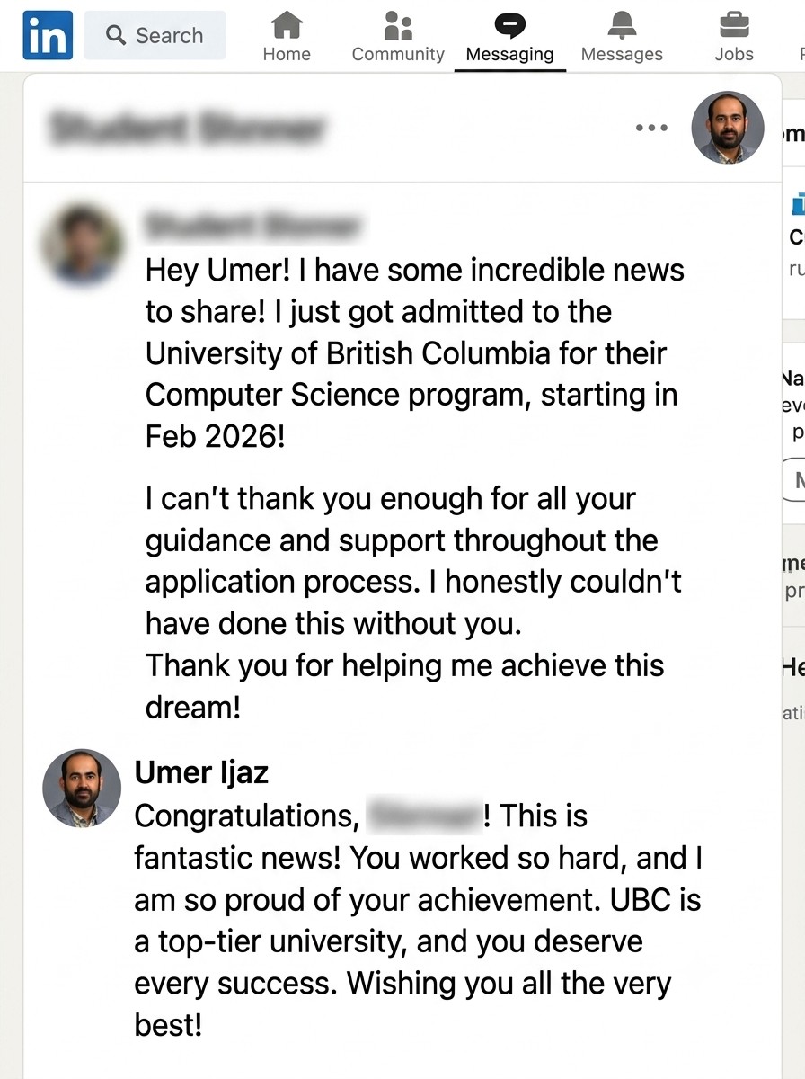 LinkedIn conversation with a student (name hidden)